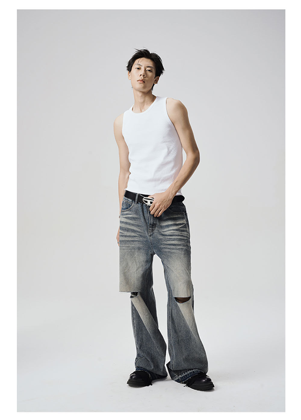 JCAESAR] Knife Cut Wide Two-Tone Heavy Washing Denim Pants