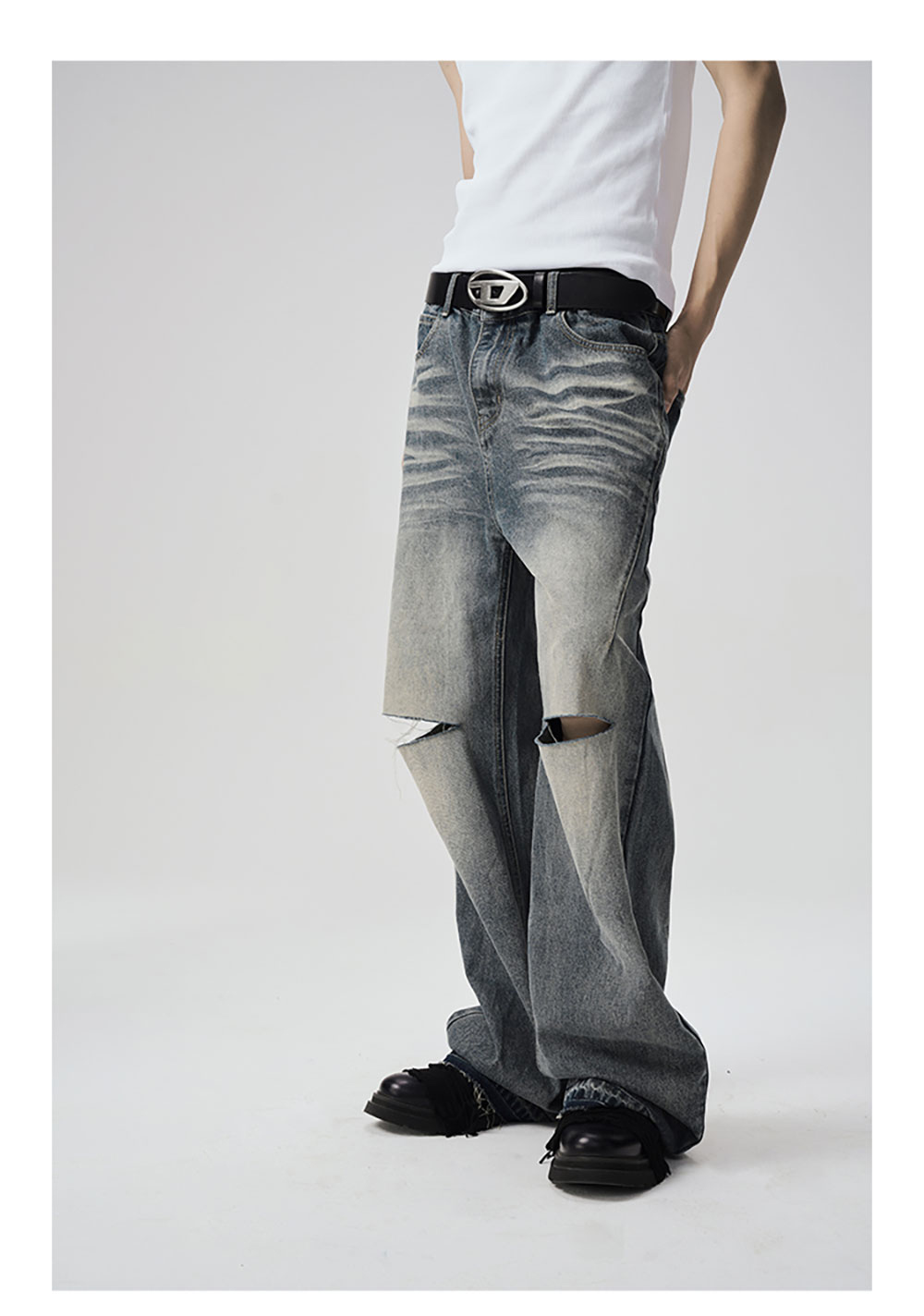 Jcaesar studio デニム JCAESAR] Knife Cut Wide Two-Tone Heavy Washing Denim Pants