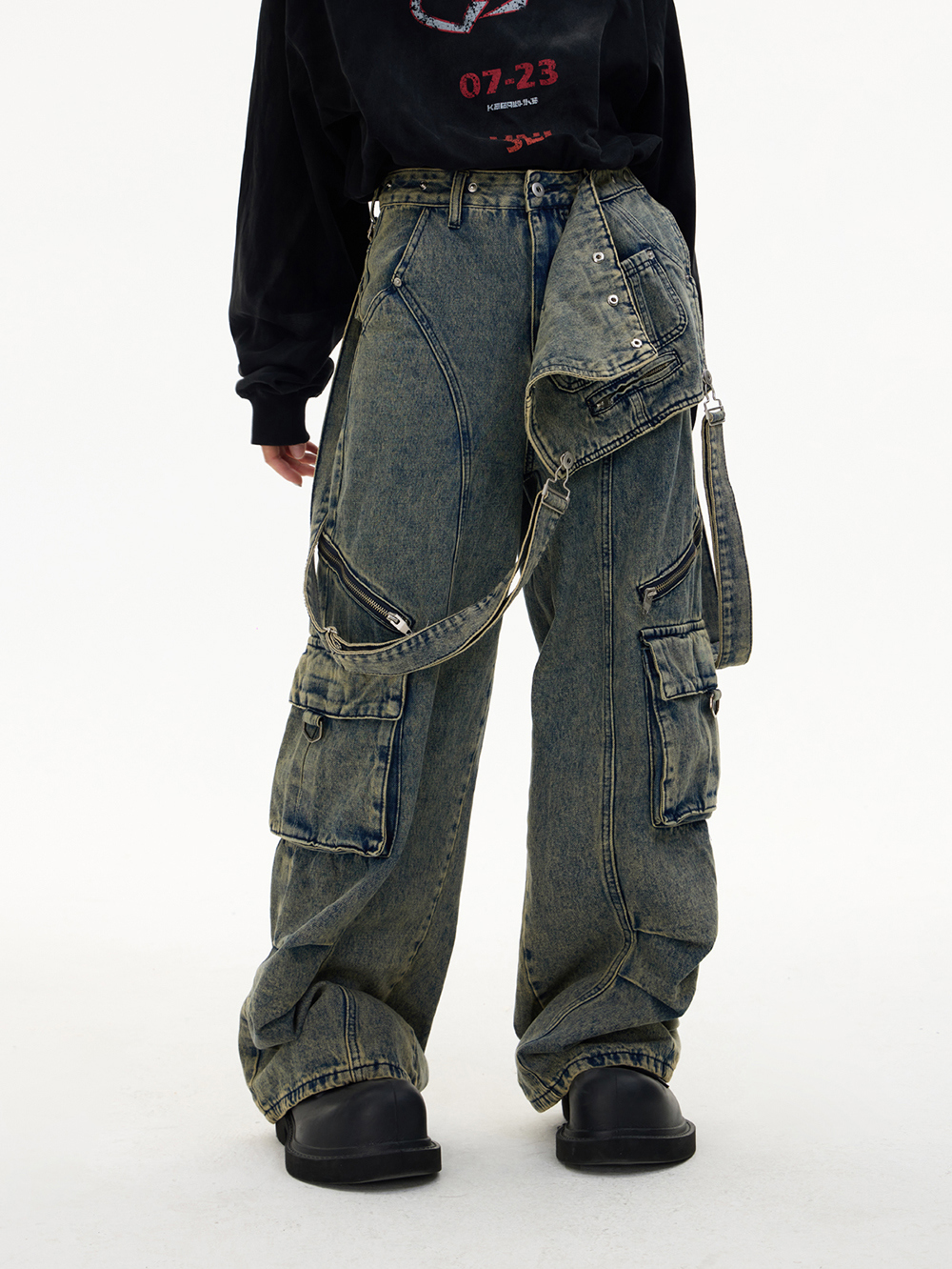PEOPLESTYLE] Detachable overalls Multi-pocket Denim pants (Retro 