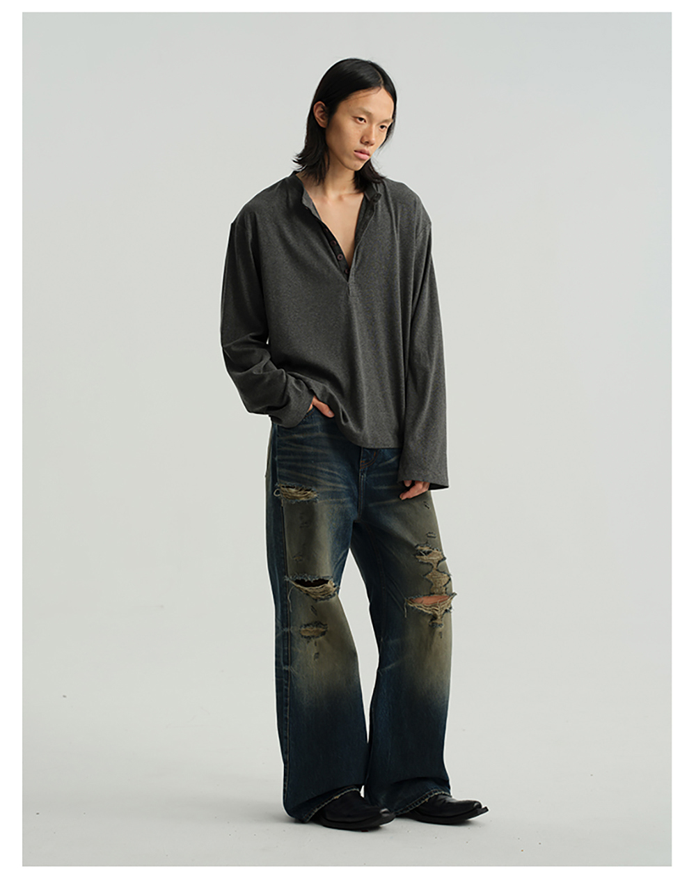 JCAESAR] Henley Collar Long Sleeve Shirt (4color) - BCAESAR