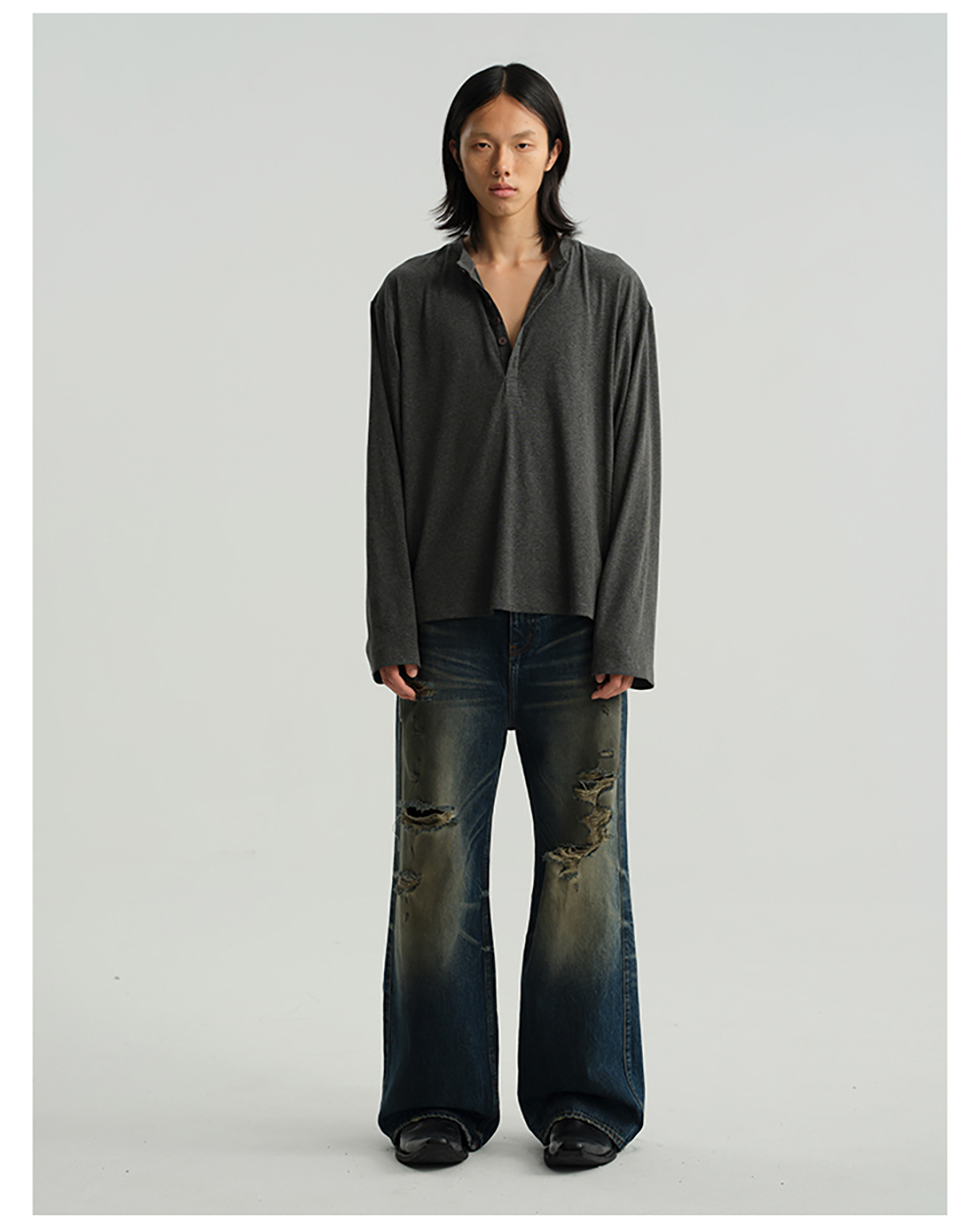 JCAESAR ヘンリーカラー ロングスリーブ JCAESAR] Henley Collar Long Sleeve Shirt (4color) - BCAESAR