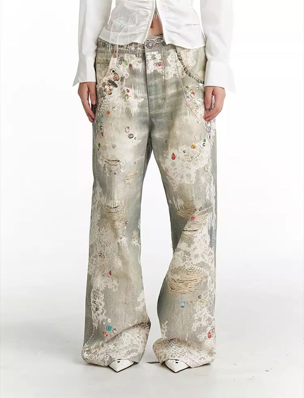 DND4DES x FayChui] Floral Print Denim Pants - BCAESAR