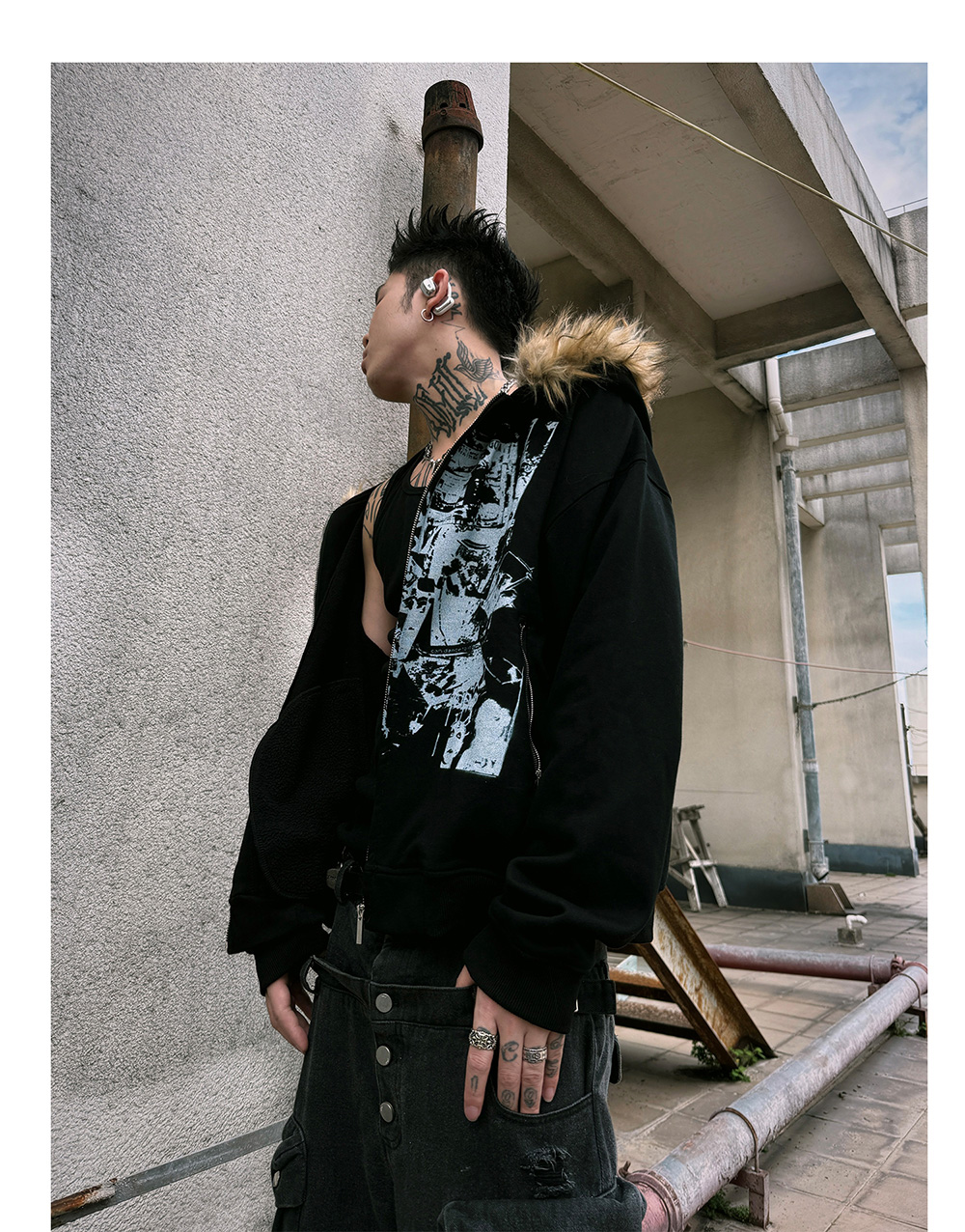 Vintage Printed Fur Hooded Zip-up Hoodie (2color) - BCAESAR