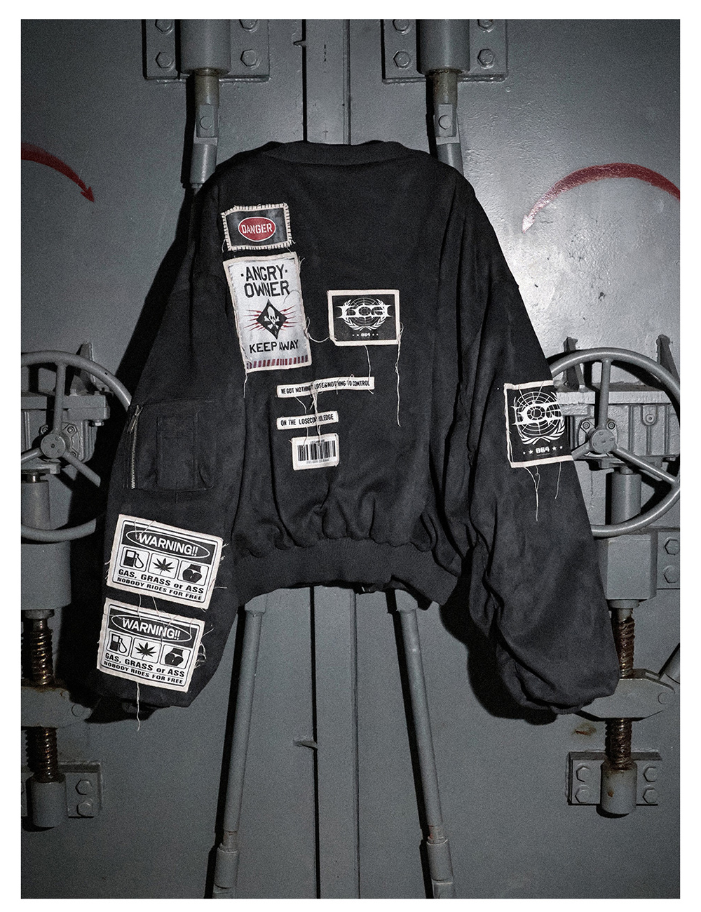 LCE] Gray-Blue Bomber Jacket with Warning Patches | BCAESAR