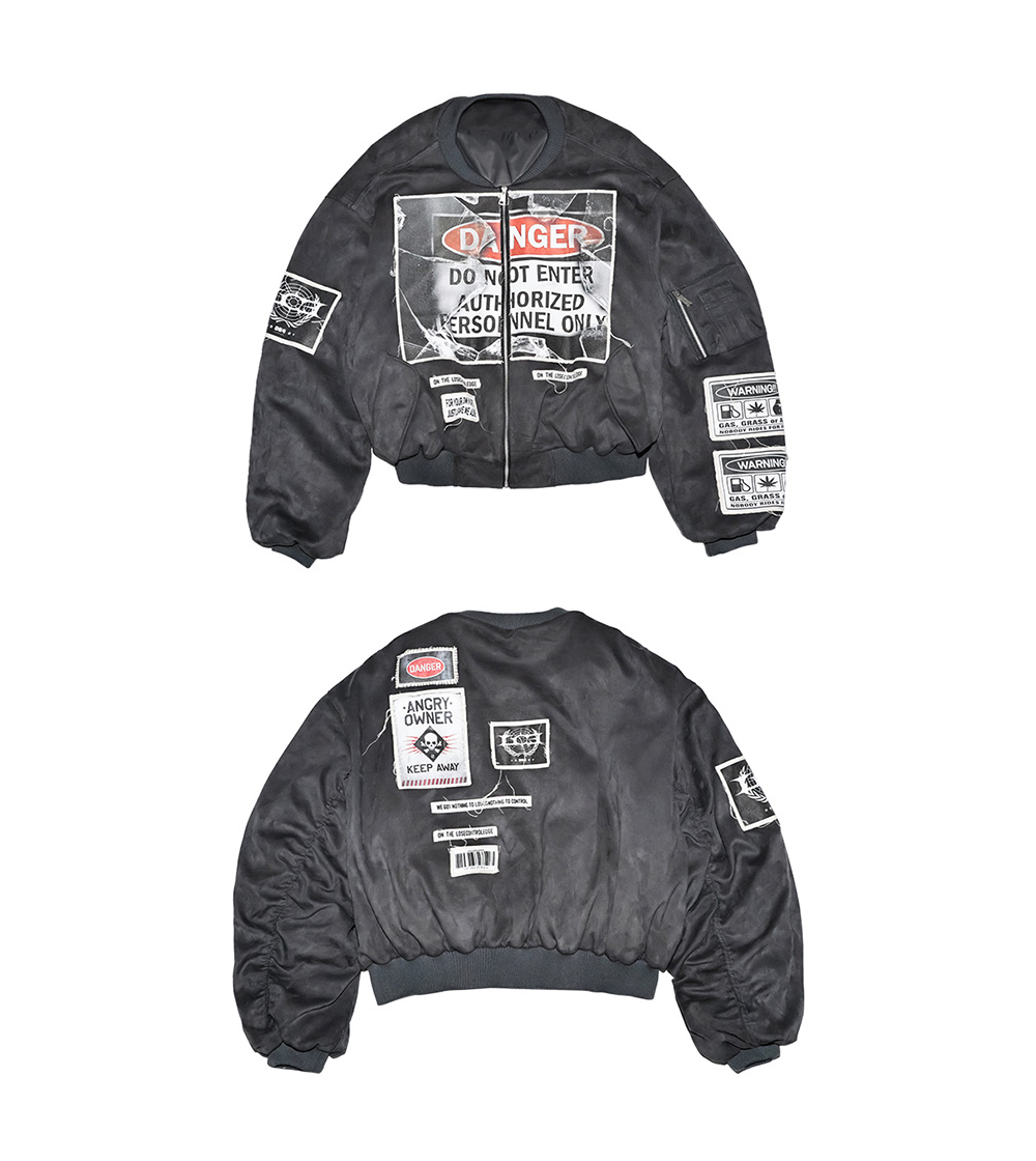LCE] Gray-Blue Bomber Jacket with Warning Patches | BCAESAR