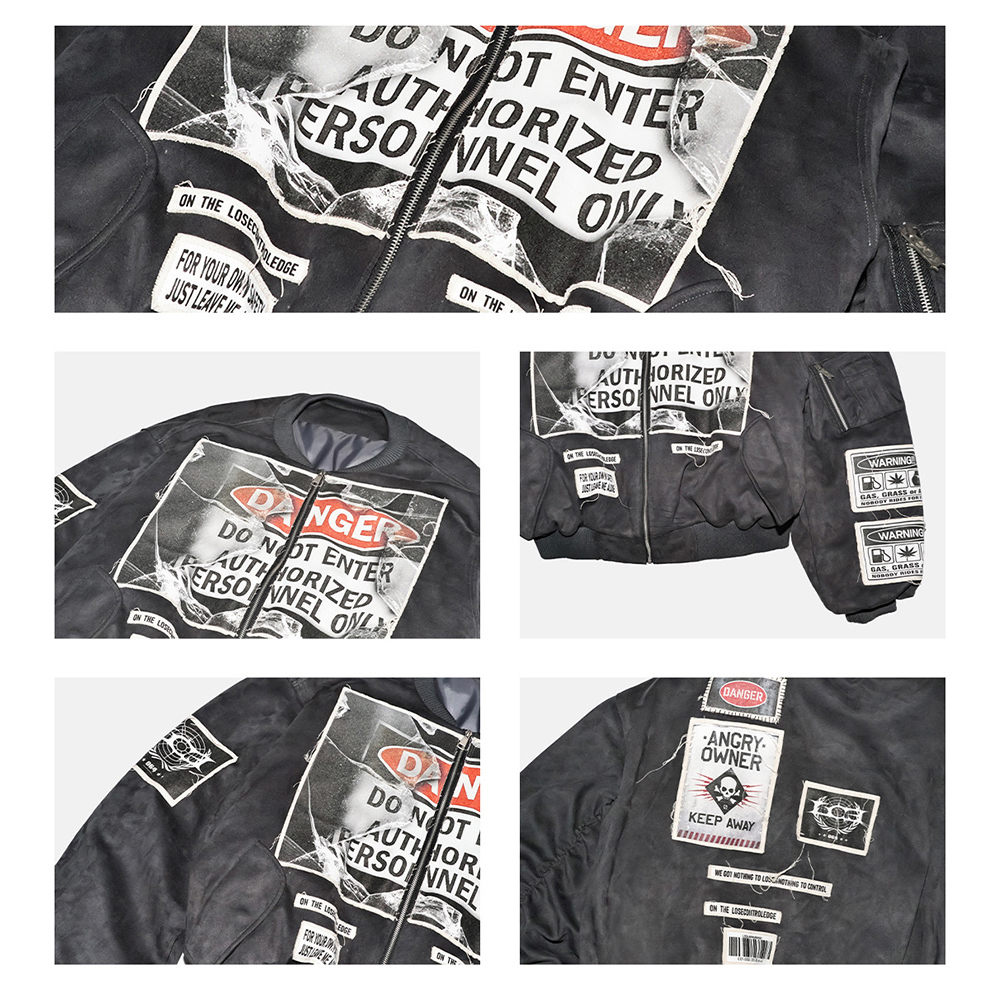LCE] Gray-Blue Bomber Jacket with Warning Patches - BCAESAR