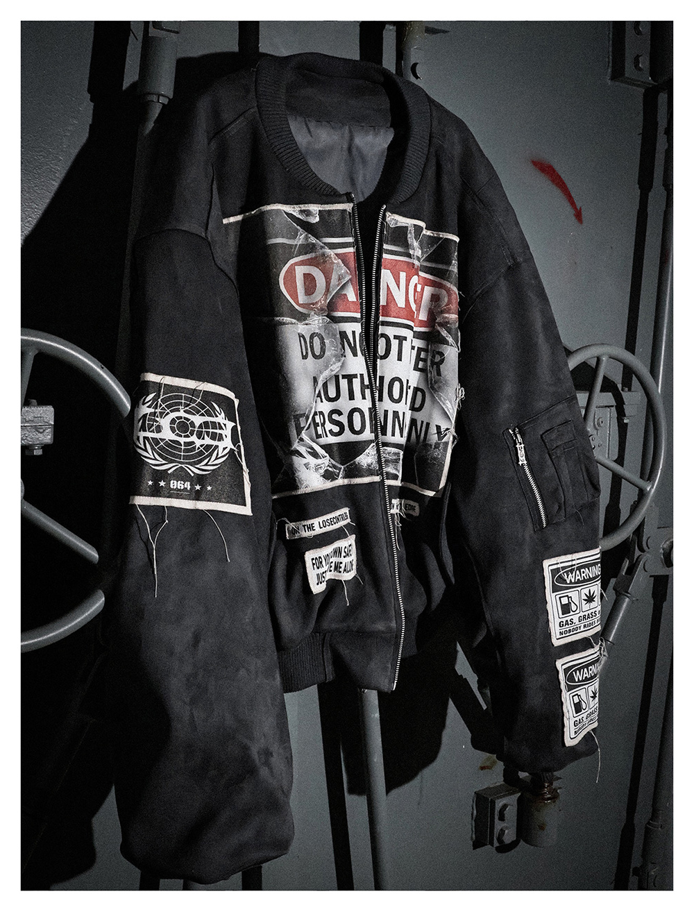 LCE] Gray-Blue Bomber Jacket with Warning Patches - 비엑세스