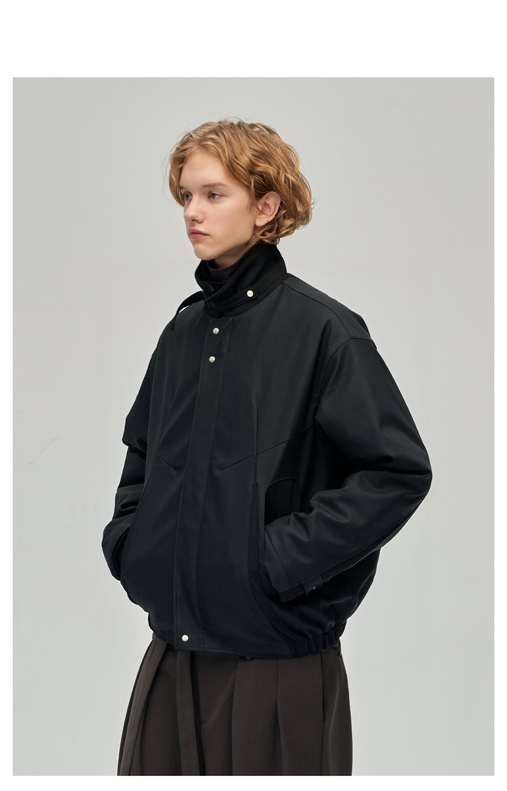 DECESOLO] PU Patchwork Stand Collar Jacket (2color) | BCAESAR