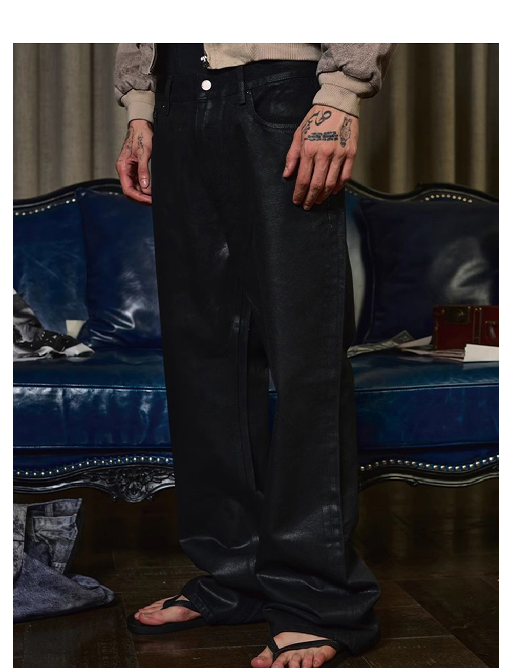 パンツ wanna black denim WANNA LAB] Waxed Black Bootcut Denim Pants - BCAESAR