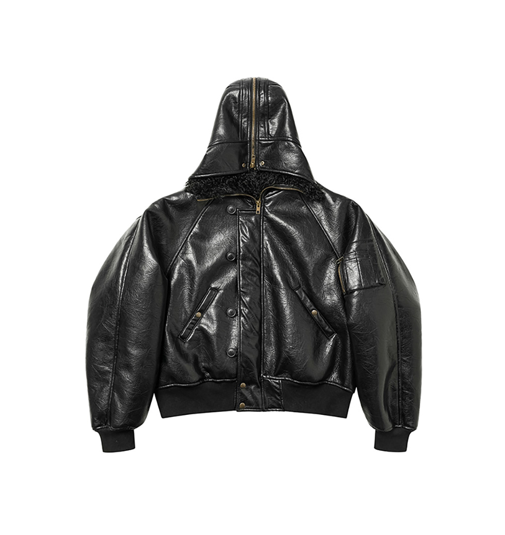 FMT] Hooded Leather Bomber Jacket | BCAESAR