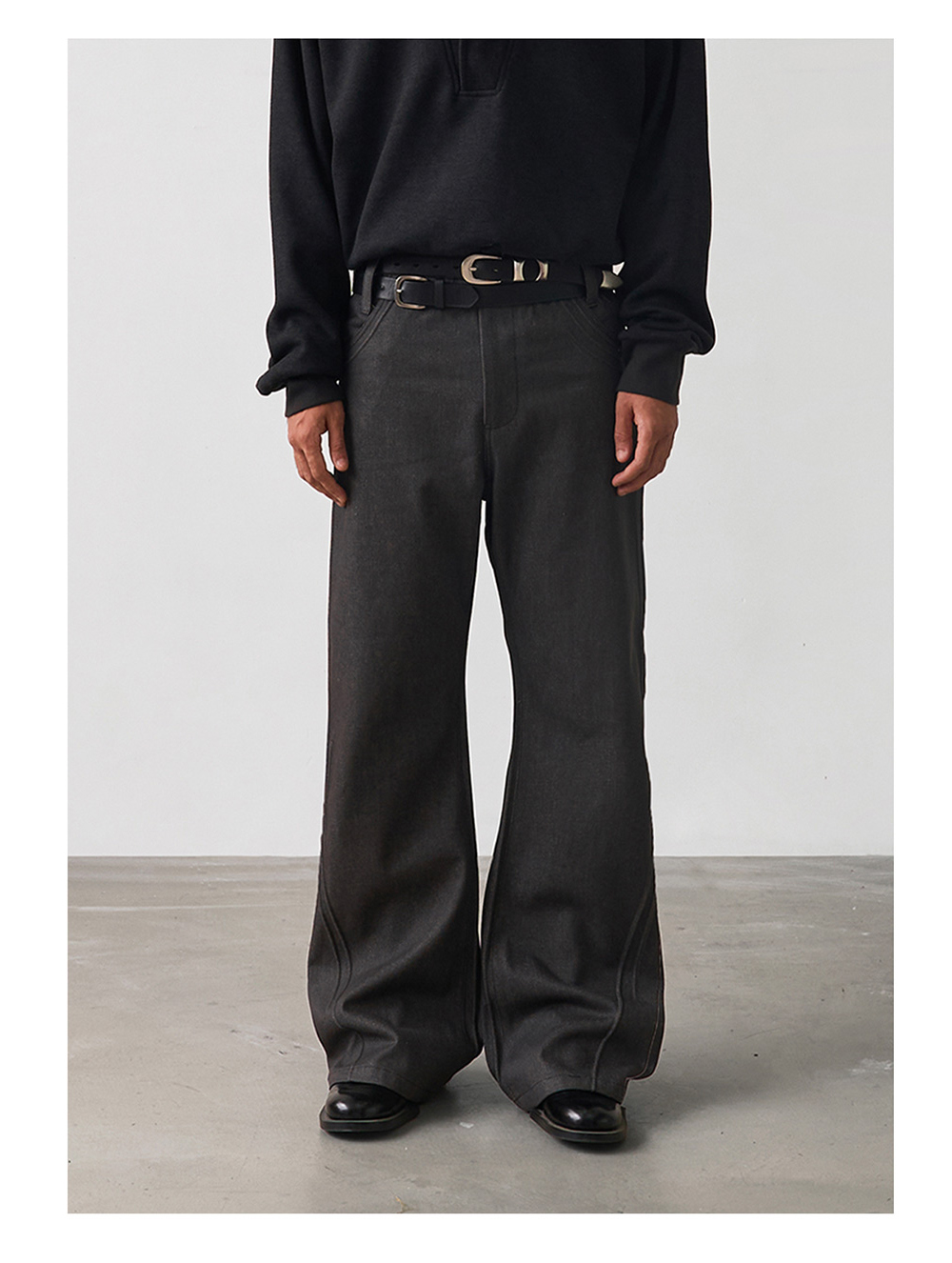 Slight Vogue] Classic Wide-Leg Grey Denim Pants - BCAESAR