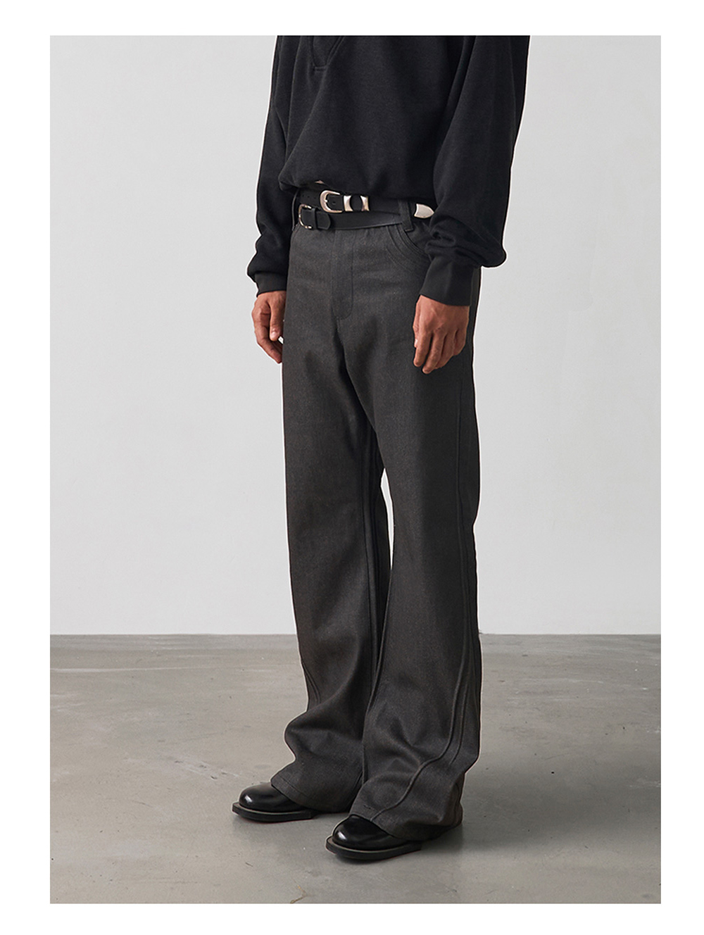 Slight Vogue] Classic Wide-Leg Grey Denim Pants - BCAESAR
