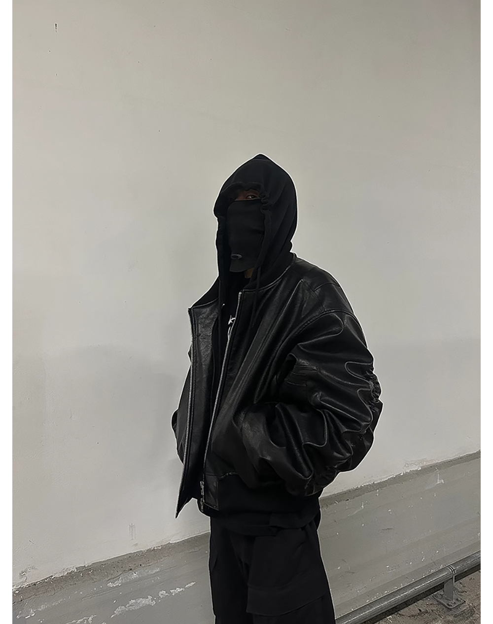 国内未入荷 Popproject - Dual-Layer Hooded PU Bomber Jacket POPPROJECT] Faux Leather Double-Layered Hooded Bomber Jacket