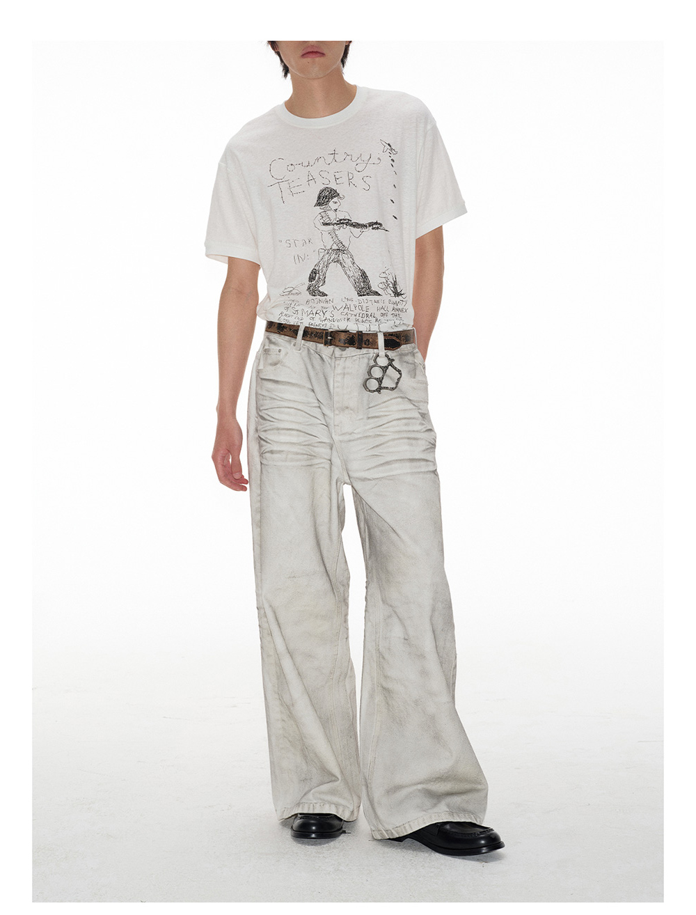 Distressed White Wide-Leg Denim Pants - BCAESAR