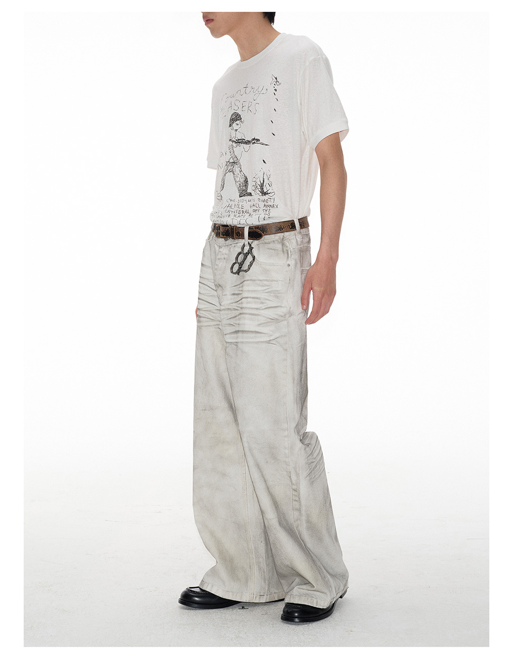 Distressed White Wide-Leg Denim Pants - BCAESAR