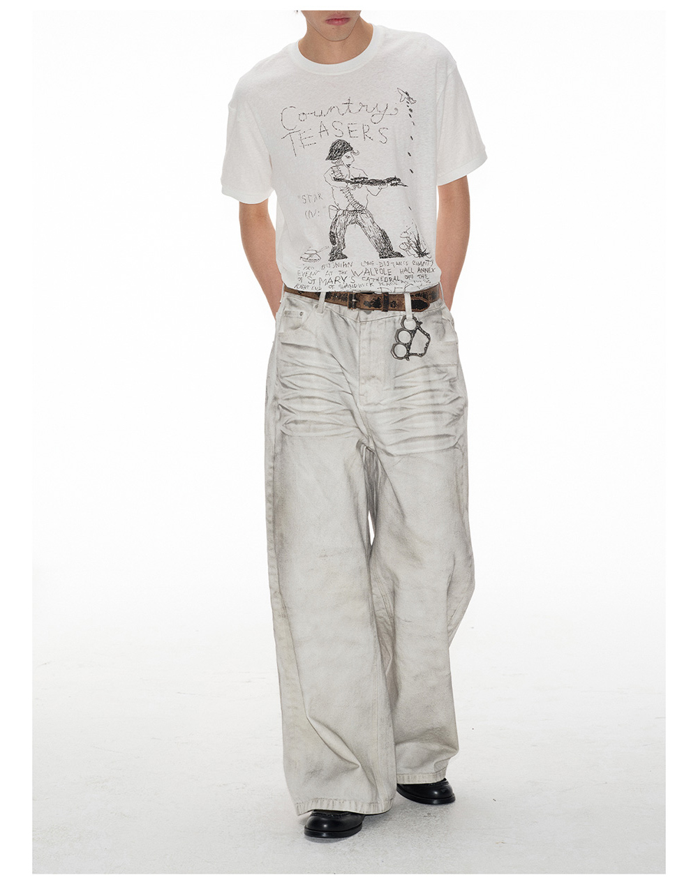 Distressed White Wide-Leg Denim Pants - BCAESAR