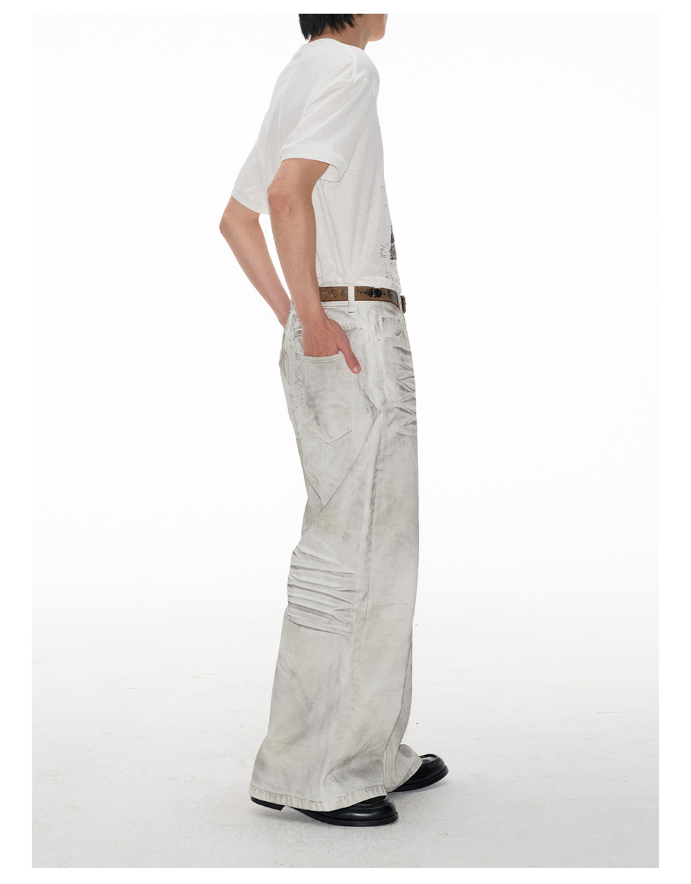 Distressed White Wide-Leg Denim Pants - BCAESAR