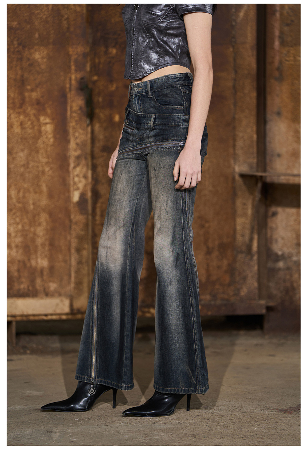 Double-Waist Multi-Zipper Washed Denim Pants | BCAESAR