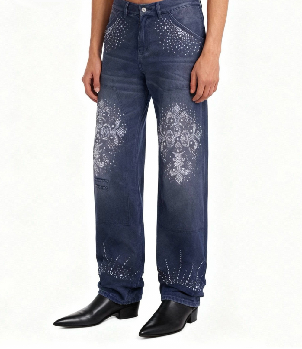 Diamond Embroidered Blue Jeans | BCAESAR