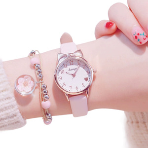 심플 소녀 초등생 중학생 어린이 핑크 손목시계 팔찌 세트
