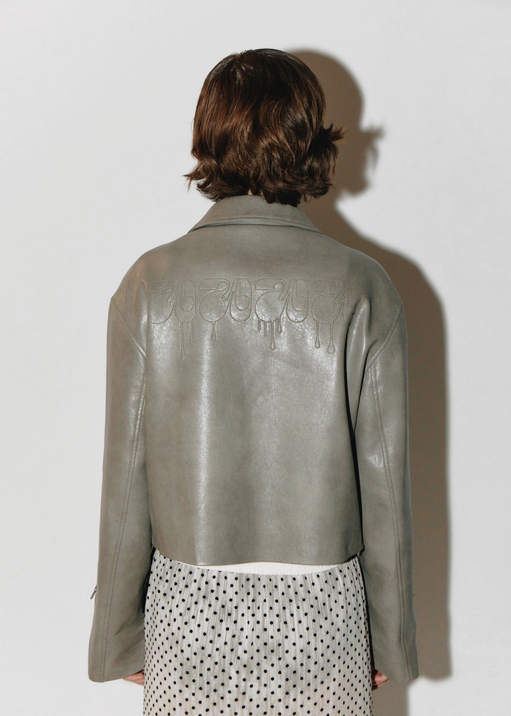 Line zipper crack leather jacket Khakigray