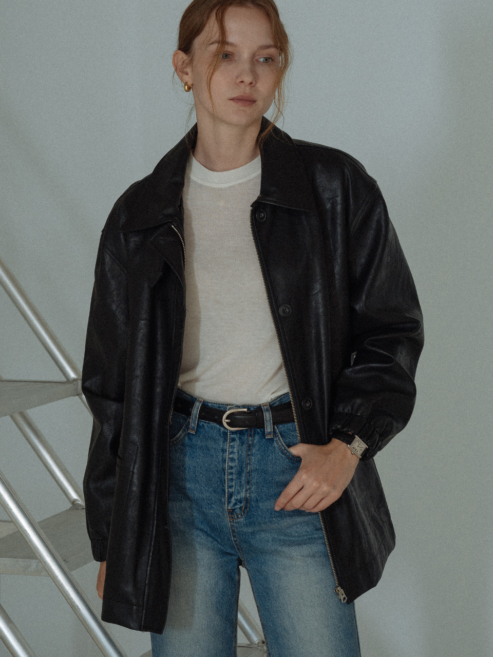 노운베러 Eco leather bizo collar over jacket_Black