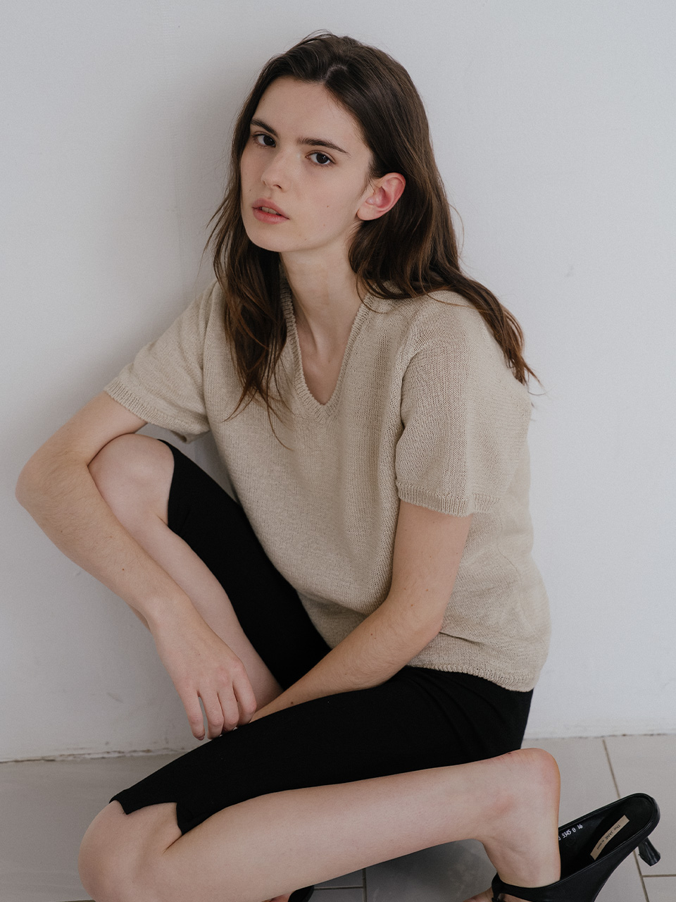 V-neck half paper knit [KNSS10KN05]_Beige