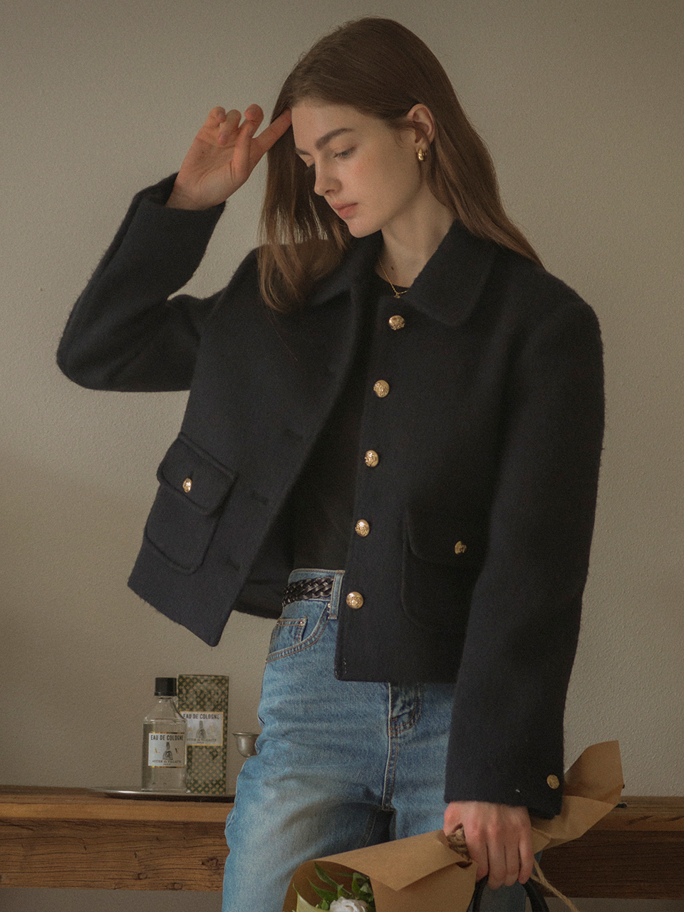 Gold button boucle collar jacket_Navy 노운베러