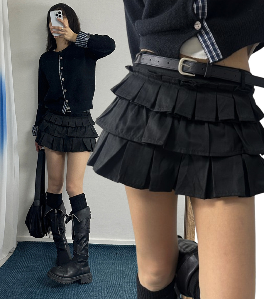 ベルトセット/インナーパンツ付き]3段プリーツティアードミニスカート