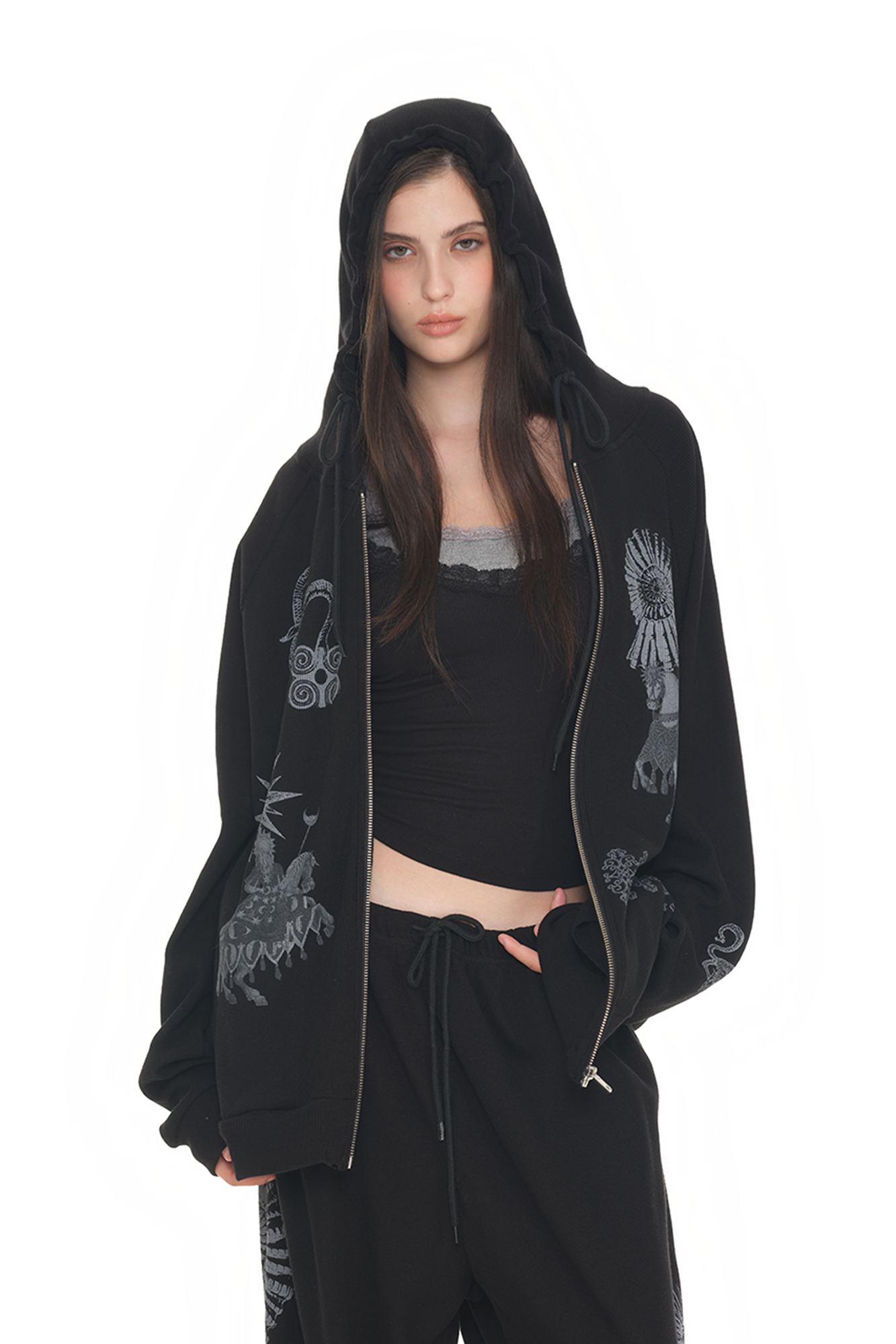 Tarot Waffle Zip-Up Hoodie Black | toomuchtax 투머치택스