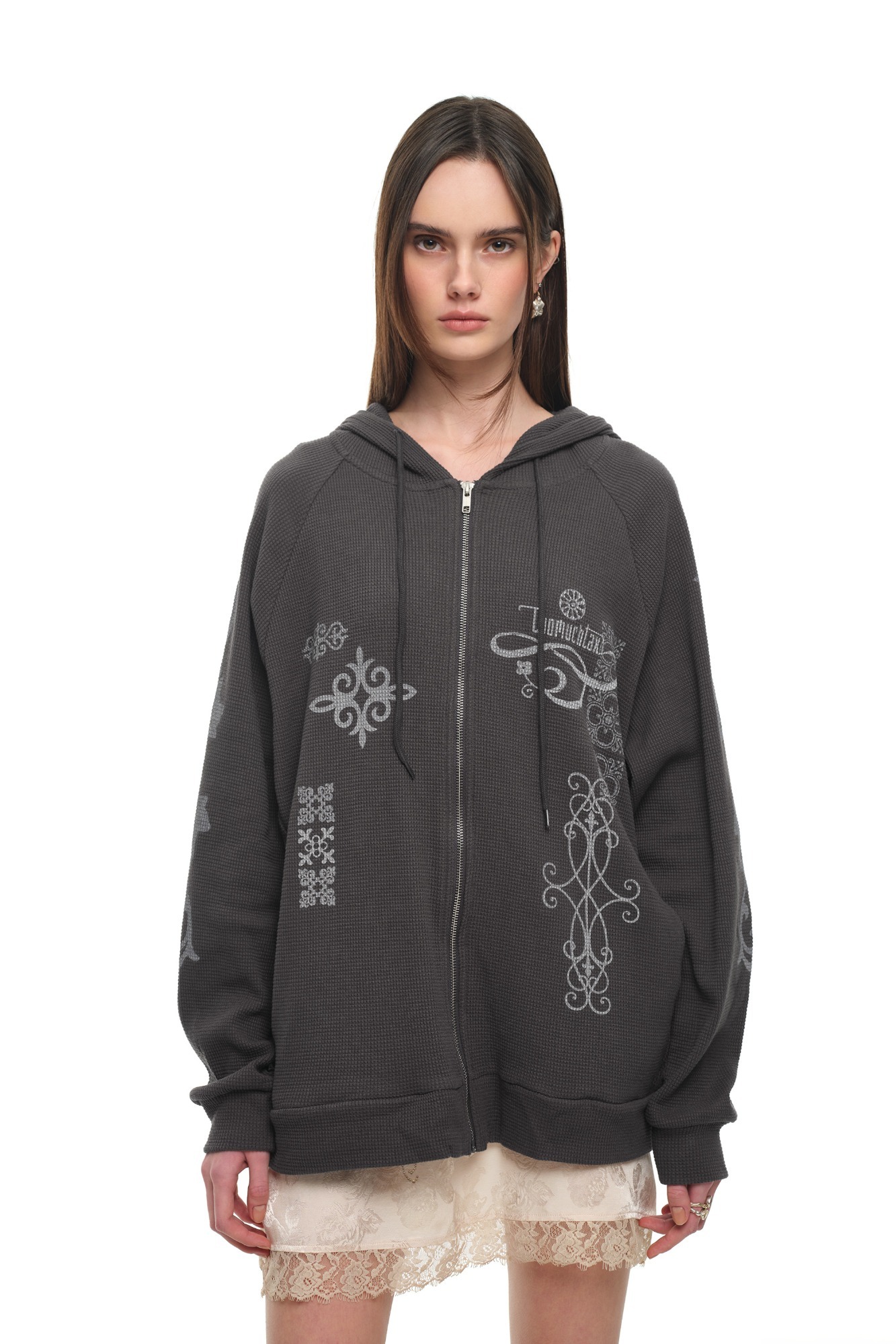 Folk Pattern Waffle Zip-Up Hoodie Charcoal | toomuchtax 투머치택스