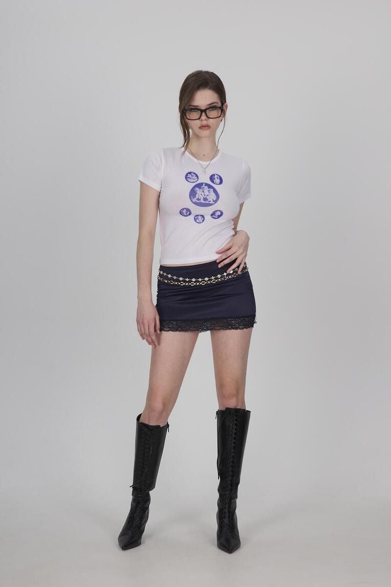 LACE SATIN MINI SKIRT (NAVY) - TOOMUCHTAX