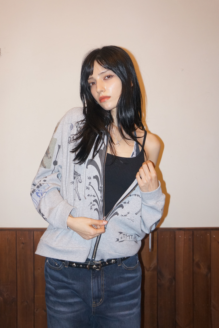 【韓国 toomuchtax】PRINTED WAFFLE ZIP-UP HOODIE toomuchtax Printed Waffle Zip-up hoodie