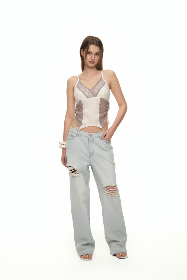 ◆TOOMUCHTAX◆ Low rise loose fit damage jeans ice blue LOW RISE LOOSE-FIT DAMAGED JEANS (ICE BLUE) - TOOMUCHTAX