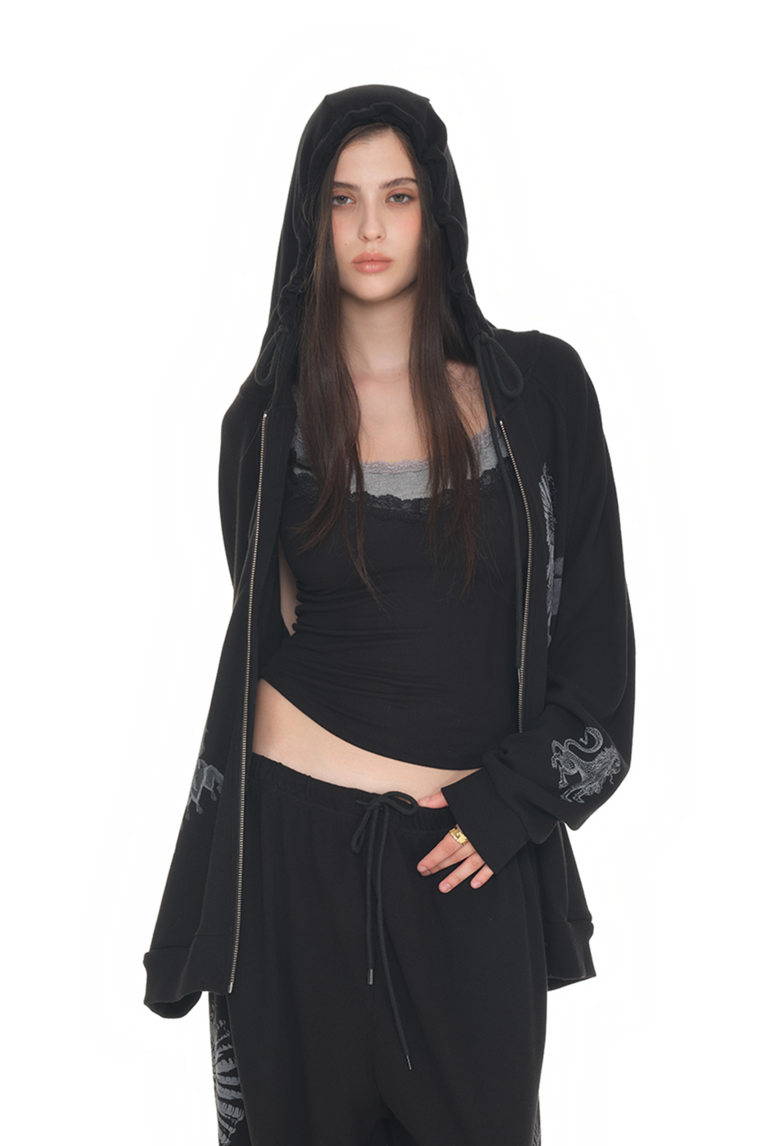 Tarot Waffle Zip-Up Hoodie Black | toomuchtax 투머치택스