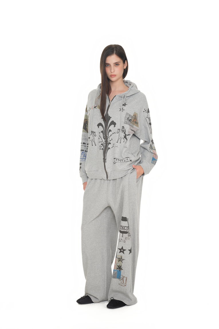 トップス TOOMUCHTAX PRINTED WAFFLE ZIP-UP HOODIE PRINTED WAFFLE PANTS (GREY) | toomuchtax