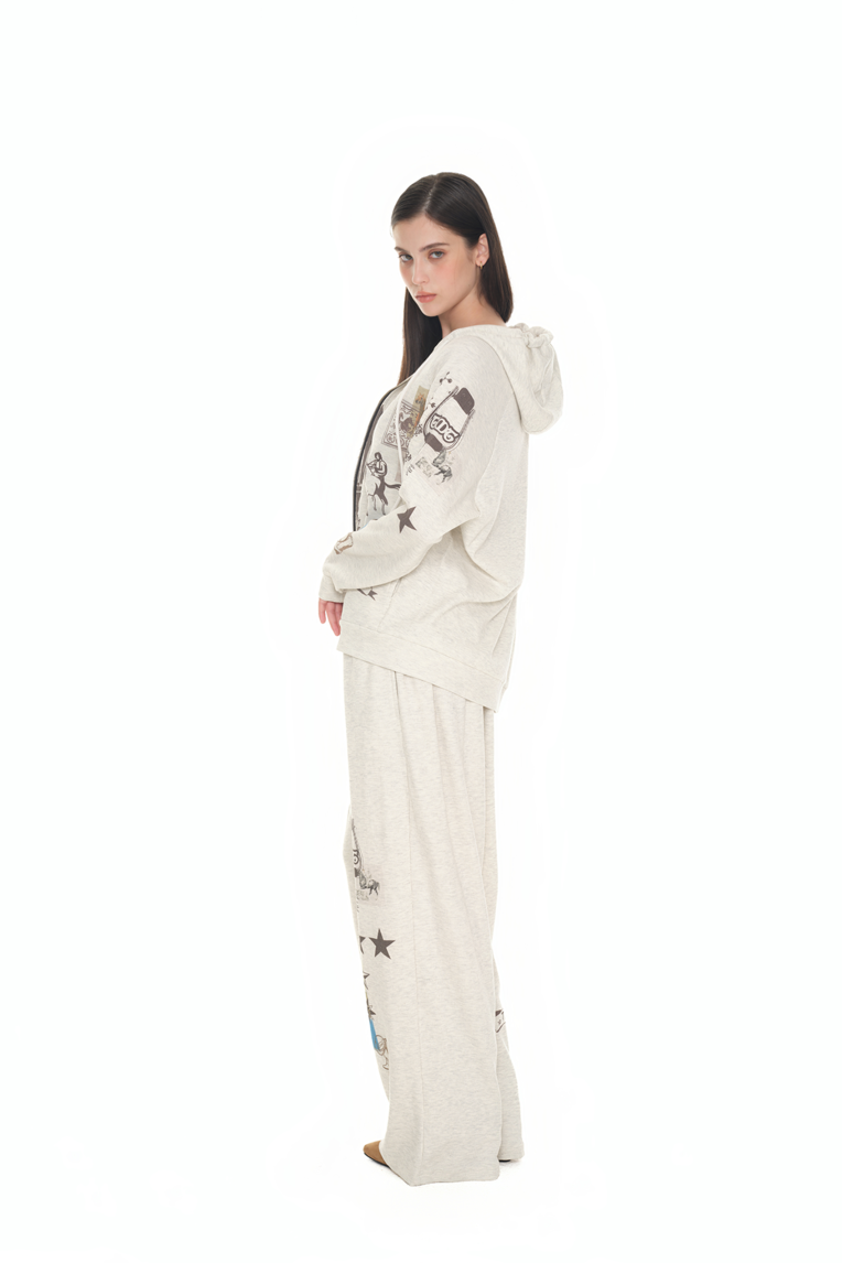 PRINTED WAFFLE ZIP-UP HOODIE (IVORY) - toomuchtax
