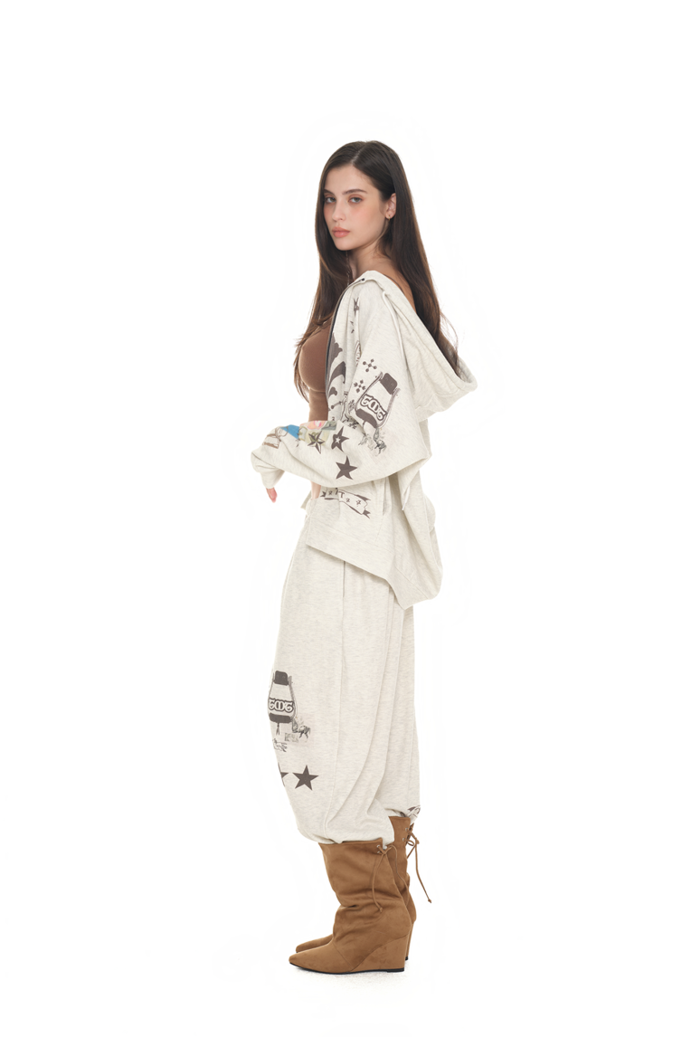 PRINTED WAFFLE ZIP-UP HOODIE (IVORY) - toomuchtax