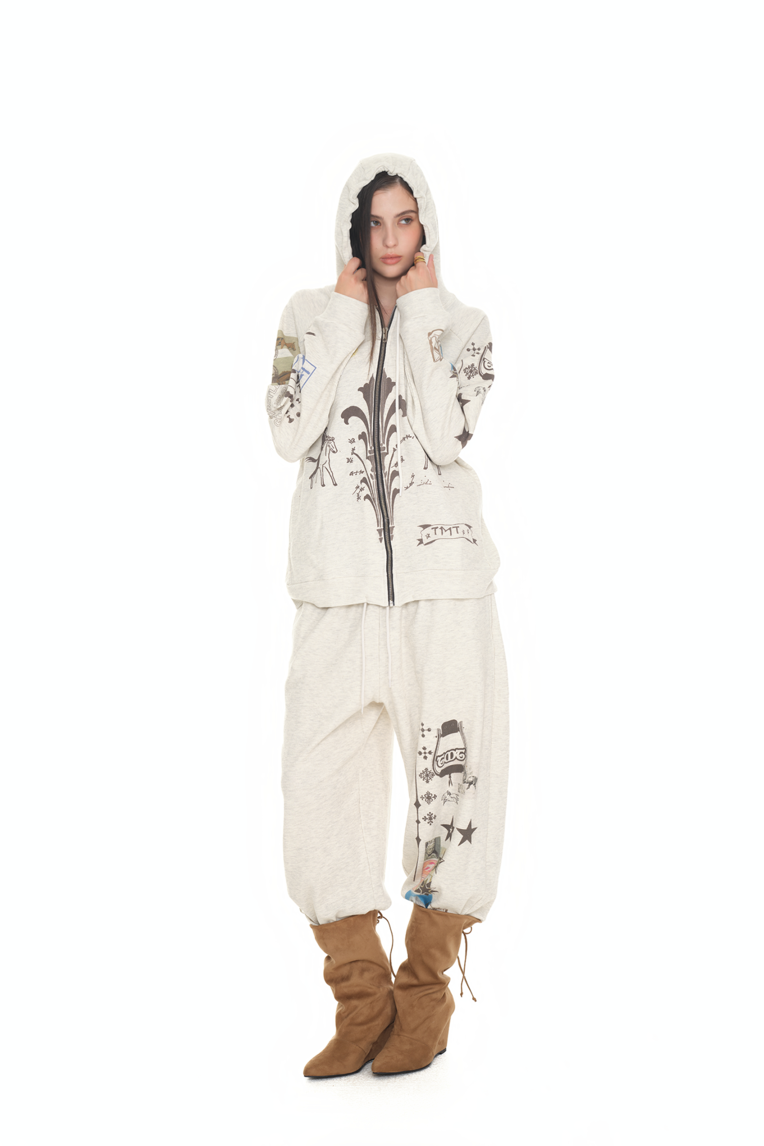 トップス TOOMUCHTAX PRINTED WAFFLE ZIP-UP HOODIE PRINTED WAFFLE ZIP-UP HOODIE (IVORY) - toomuchtax
