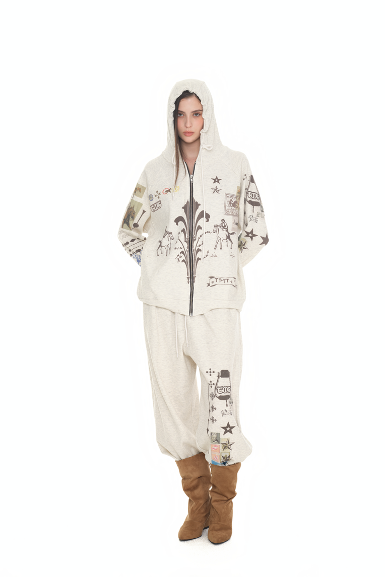 トップス TOOMUCHTAX PRINTED WAFFLE ZIP-UP HOODIE PRINTED WAFFLE ZIP-UP HOODIE (IVORY) - toomuchtax