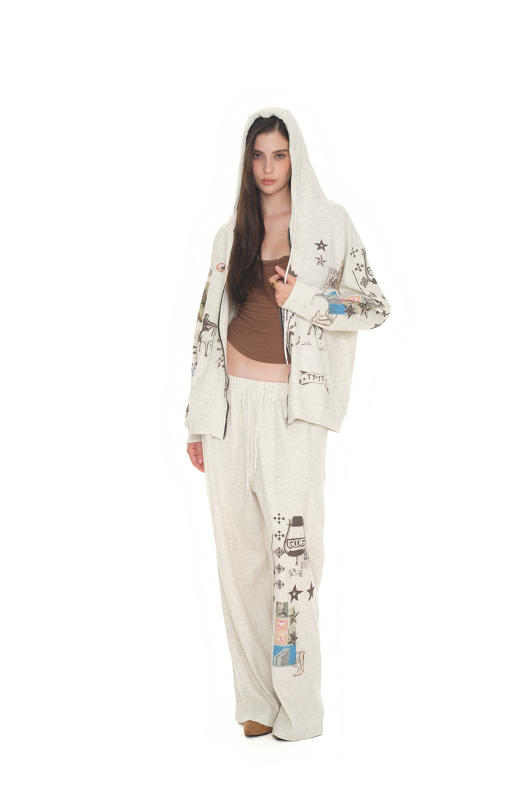 PRINTED WAFFLE ZIP-UP HOODIE (IVORY) - toomuchtax