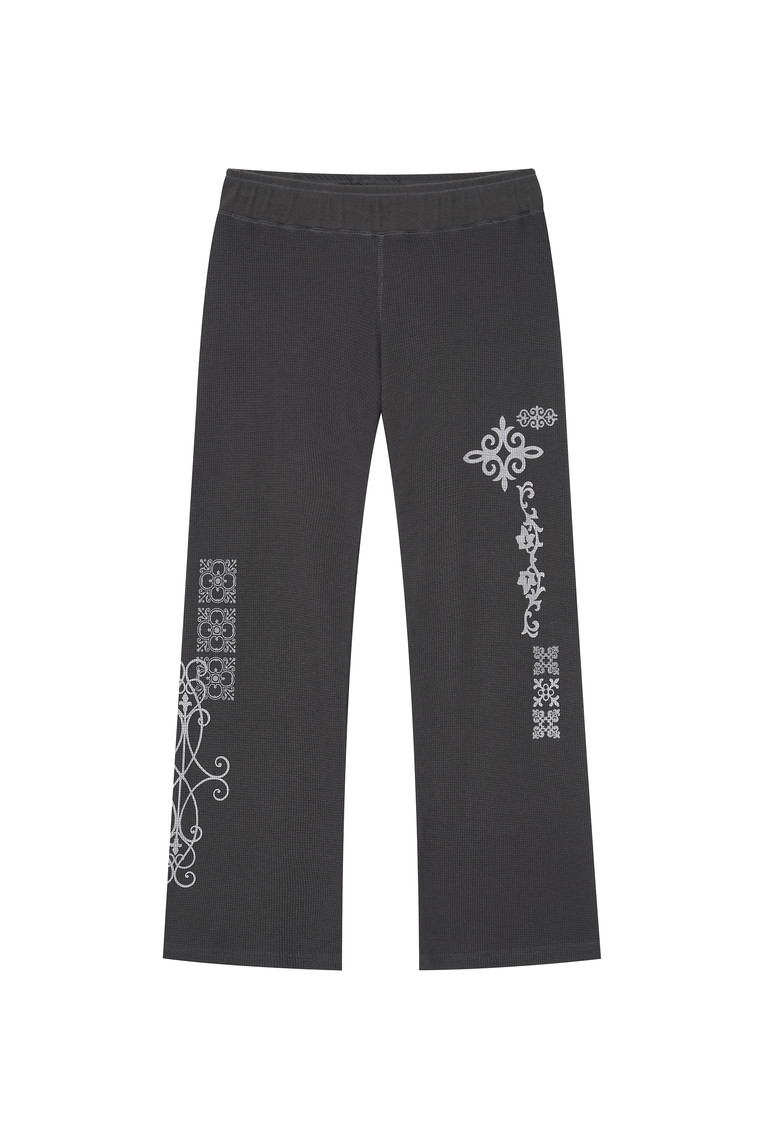 Folk Pattern Slim-Fit Waffle Pants Charcoal | toomuchtax 투머치택스