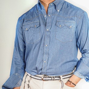 Rocky White Blue Chambray Denim Western Bespoke Shirt for Men | 로키 연청남방 샴브레이 남자데님 웨스턴 맞춤셔츠