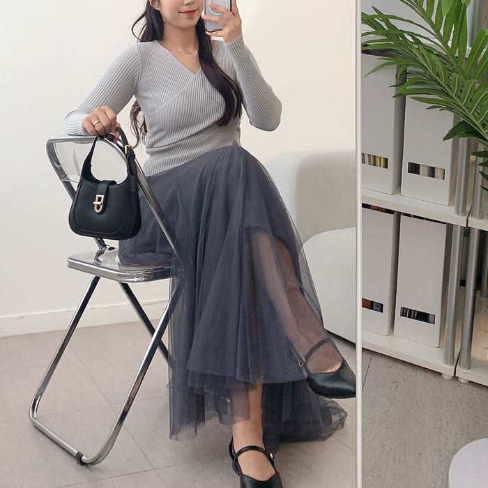 LYNN BANDING LONG FLARE SHARP SKIRT A0304 - Awesome Habi