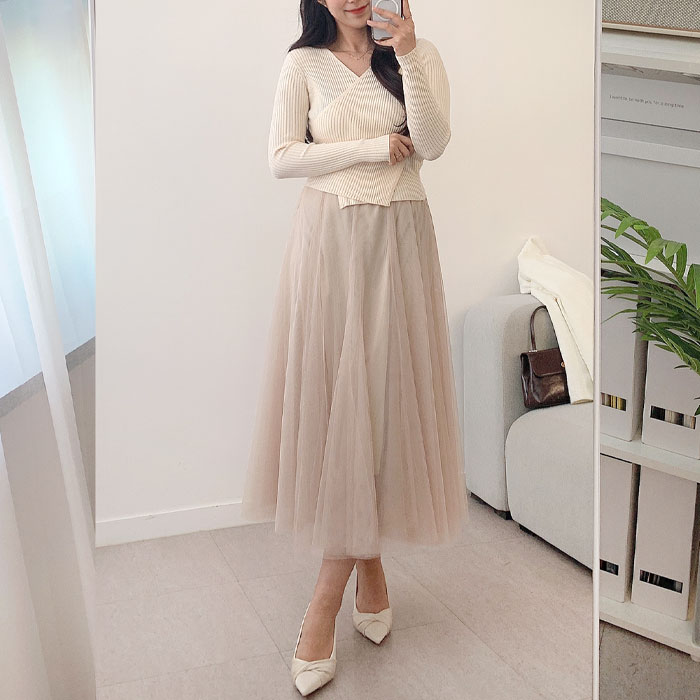 LYNN BANDING LONG FLARE SHARP SKIRT A0304 - Awesome Habi