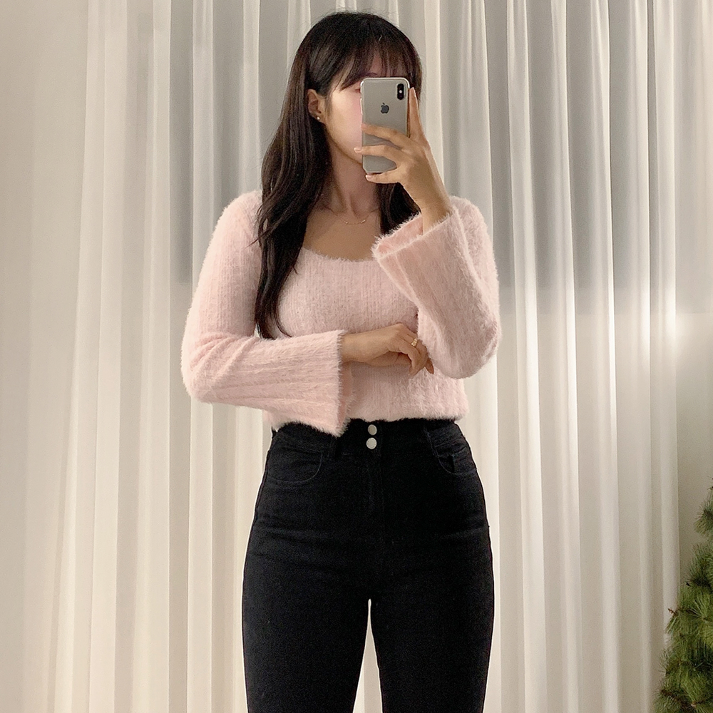Cotton Candy Angora Square Neck Ribbed Sleeve Cropped Knitwear