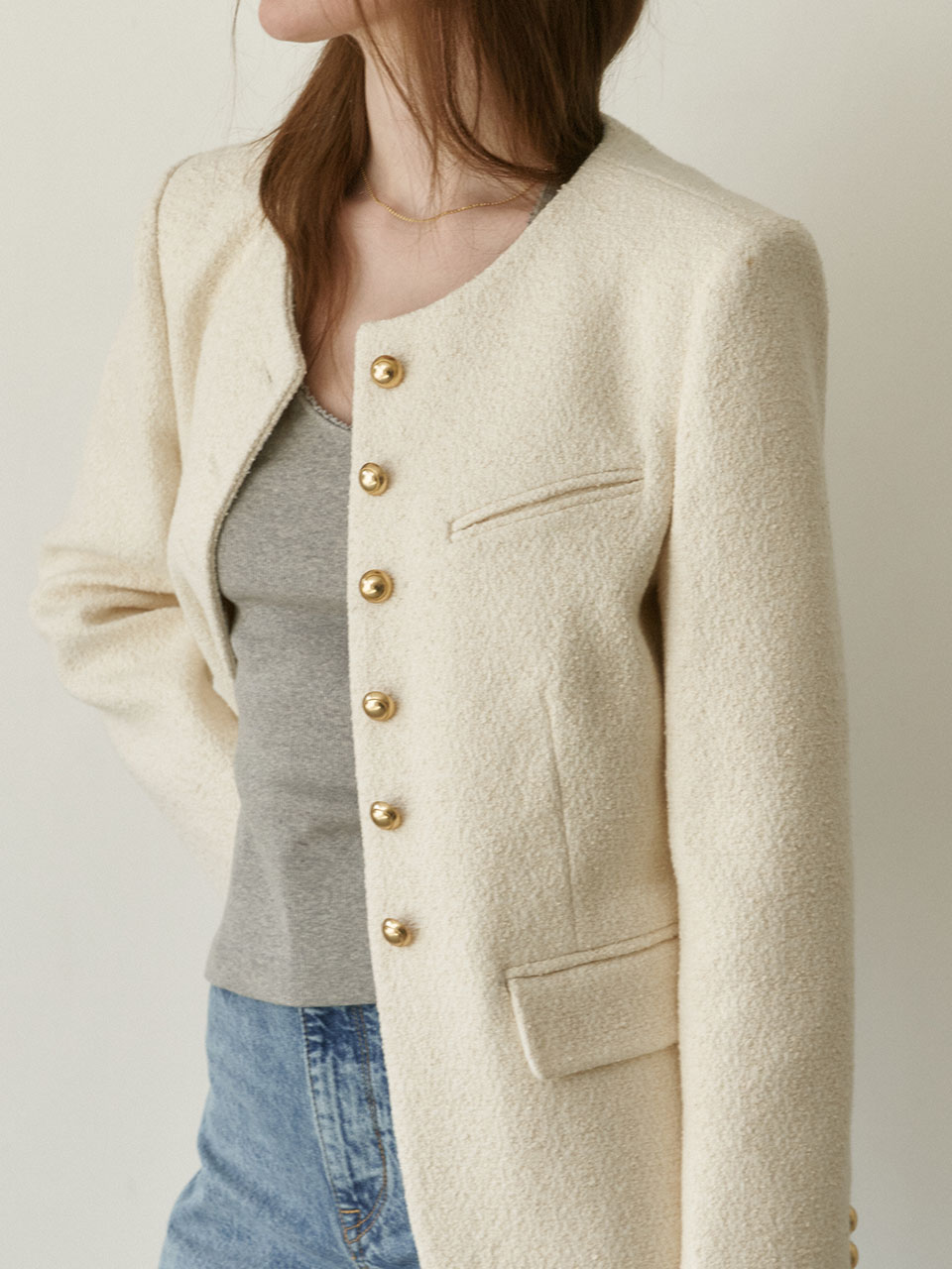 24AW【saqui】tweed no-collar jacket SHOP - OUTWEAR - Souri no Rosie