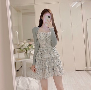바로배송) 미니 코르셋 캉캉 플라워 하트넥 원피스 (가디건 세트)