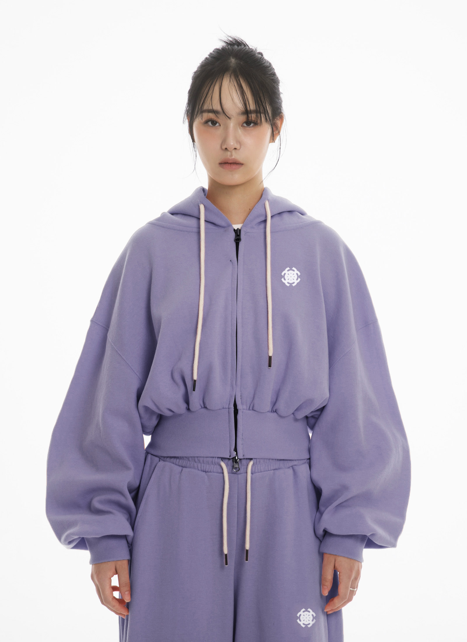 FANSHOW セットアップ MUSINSA公式 | FANSHOW SYMBOL CROP DOUBLE JERSEY HOODED ZIPUP - PURPLE