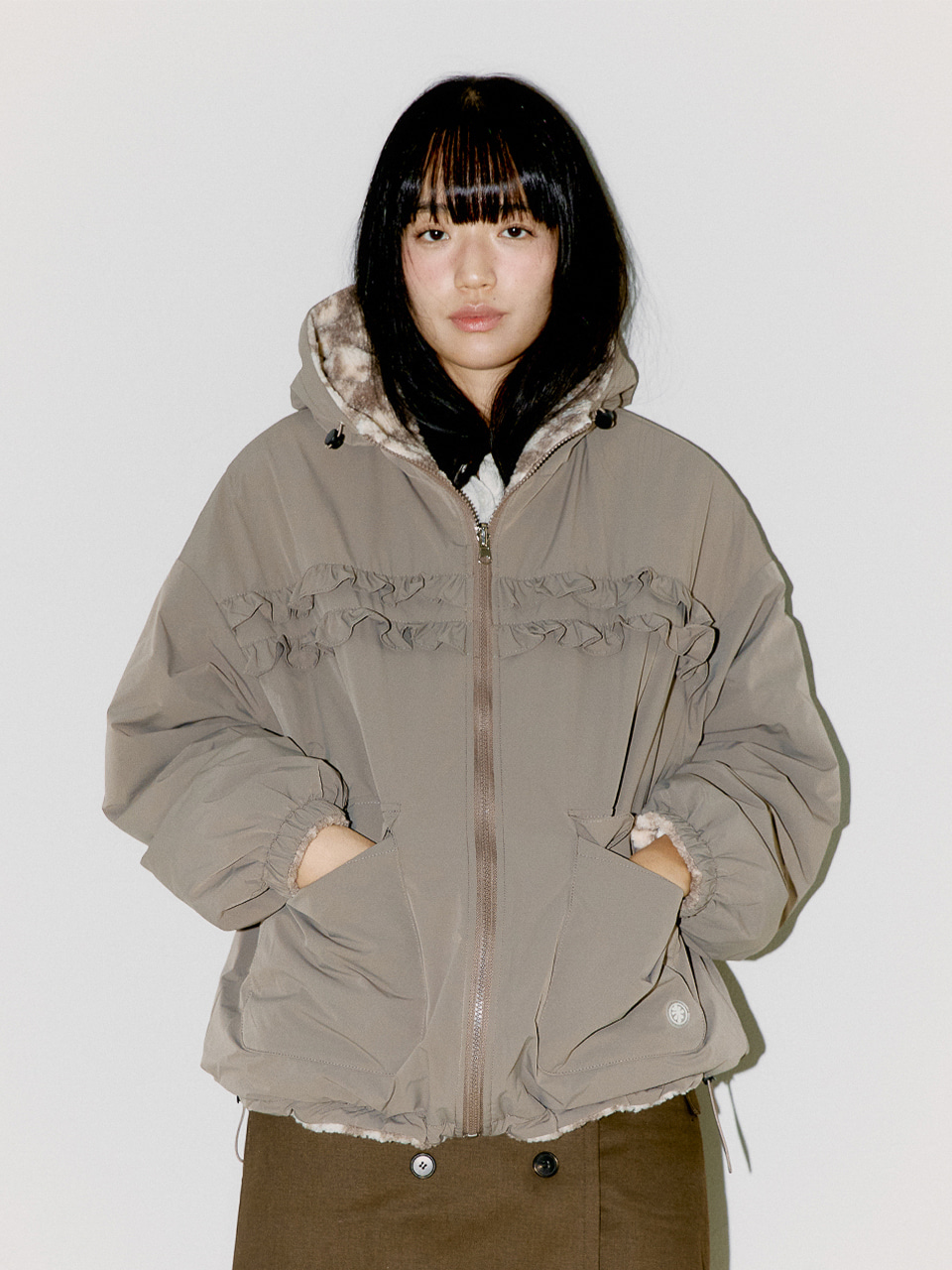 REVERSIBLE FRILL HOODED JACKET, BEIGE/CHECK